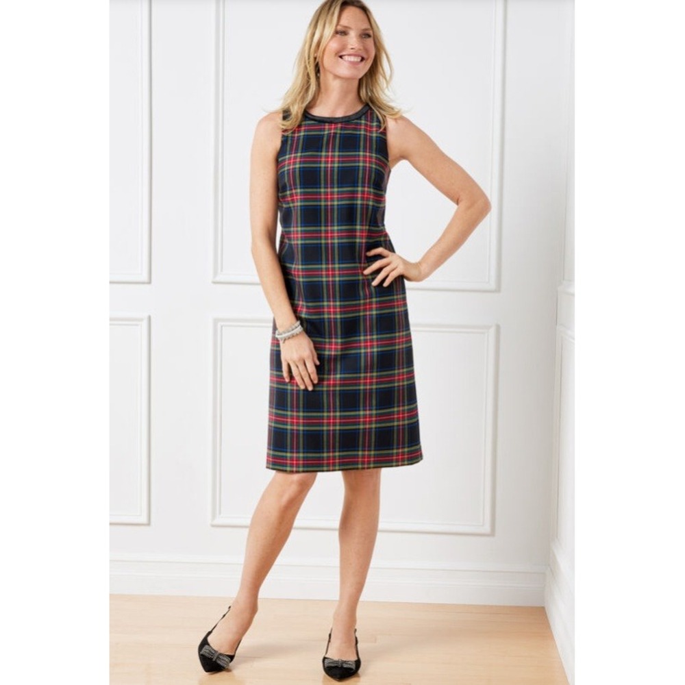 Talbots Plaid Wool Blend Sheath Dress 4 Petite Red Green‎ Blue Velvet Trim